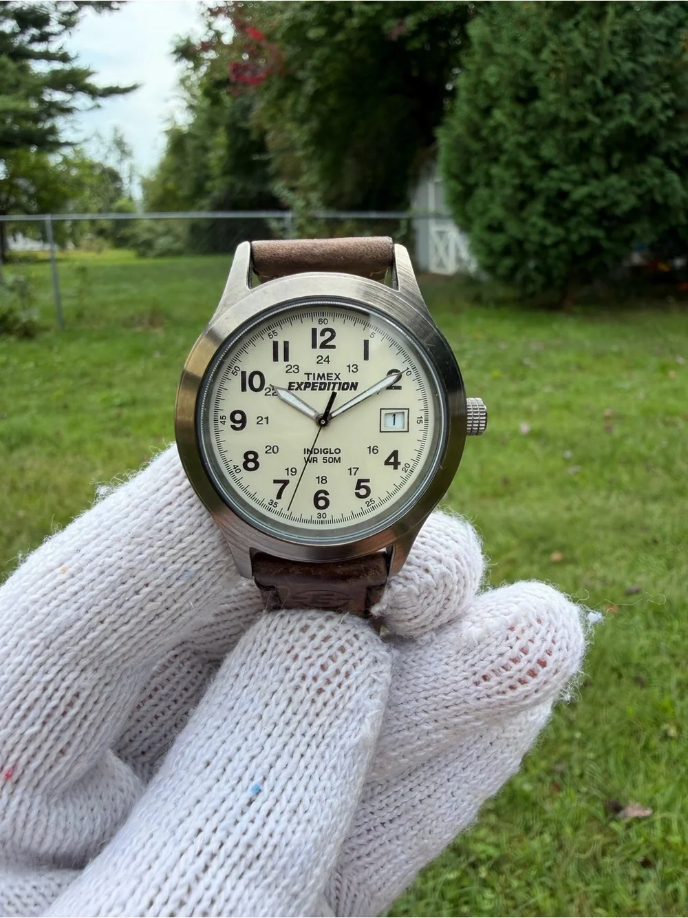 Timex Expedition Scout 905 Watch 149870 CR2016 Battery Cream Dial Brown Leather
